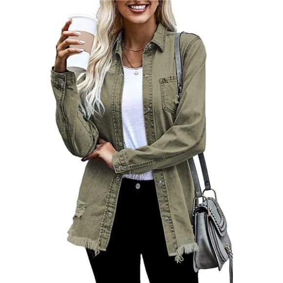 WOMEN'S Oversized Denim Jacket Casual Long A1 Khaki